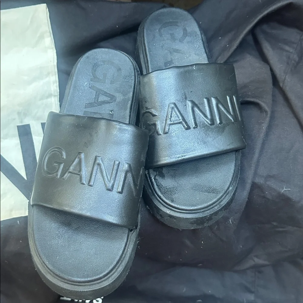 GANNI Black Embossed Logo Platform Sandals